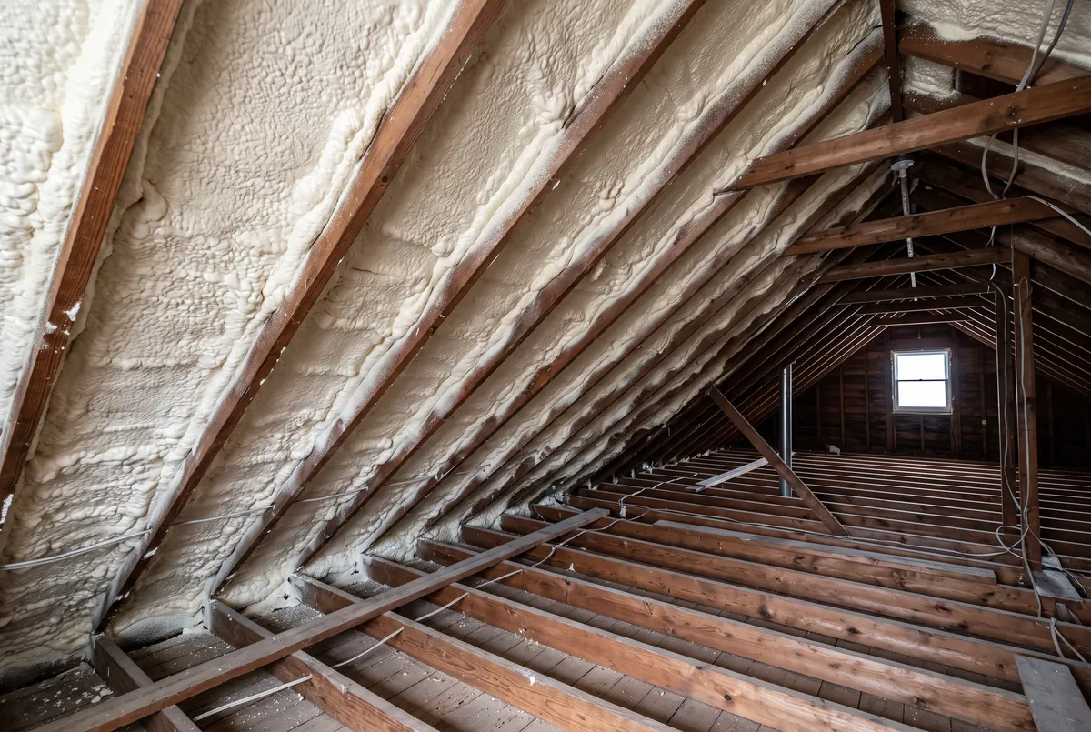 Spray polyurethane foam applied to the underside of attic roof sheathing between rafters, with the attic floor left as bare joists