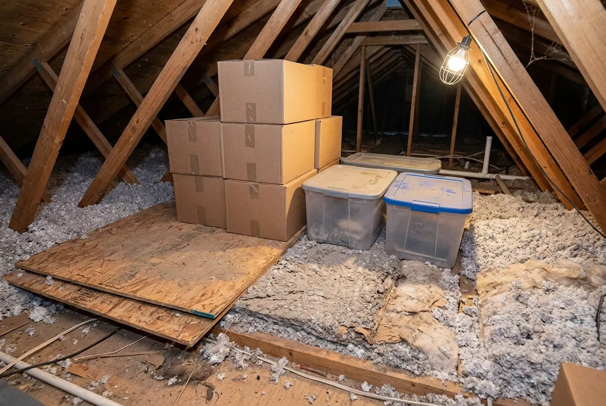 Plywood decking and stacked cardboard boxes and plastic bins sitting directly on attic insulation, crushing it flat, with uncompressed loose-fill visible at the edges