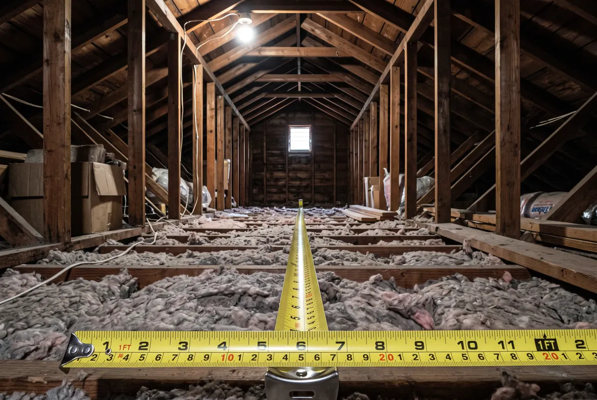 A metal tape measure extended across the floor of an attic over the insulation, running away toward the far gable wall