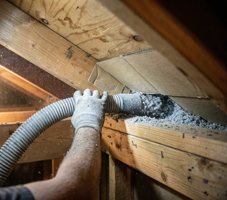 A gloved hand guiding an insulation hose into a very low clearance space where the roof deck meets the top plate