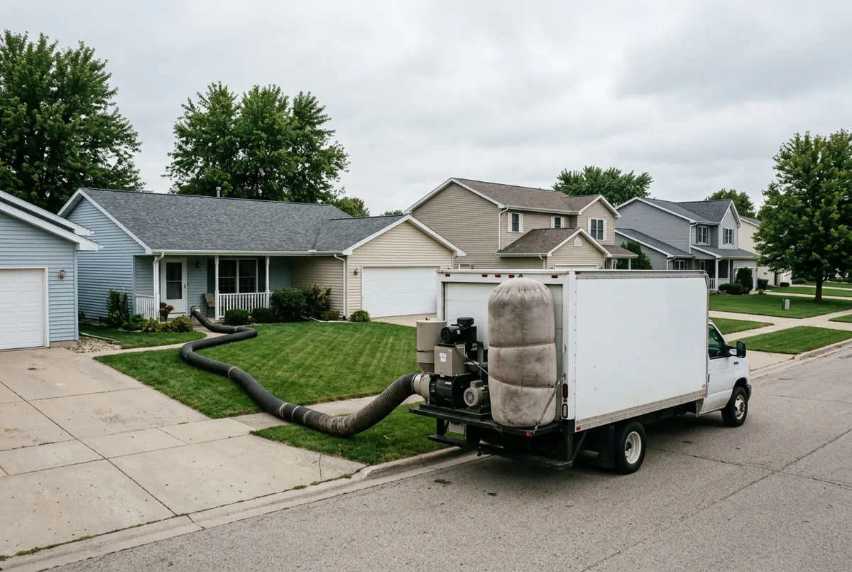 An unmarked white box truck at the curb of an American suburban street with a truck-mounted insulation vacuum and a large collection bag, a hose running across the lawn to the front door